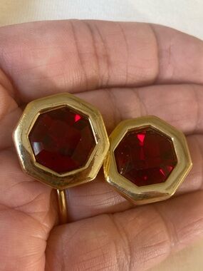 SAL Red Swarovski Crystals Gold Tone Vintage Clip Earrings